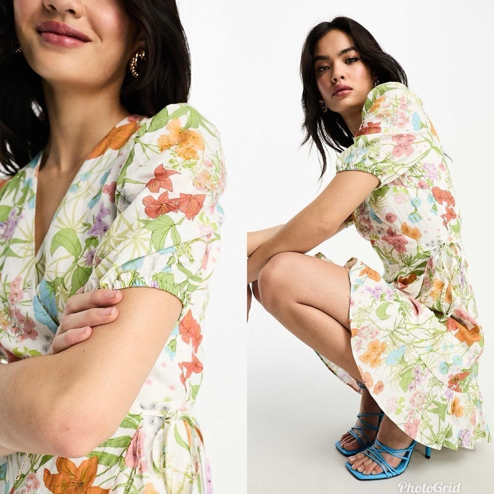 & Other Stories Linen Wrap Mini Dress in White Floral Print